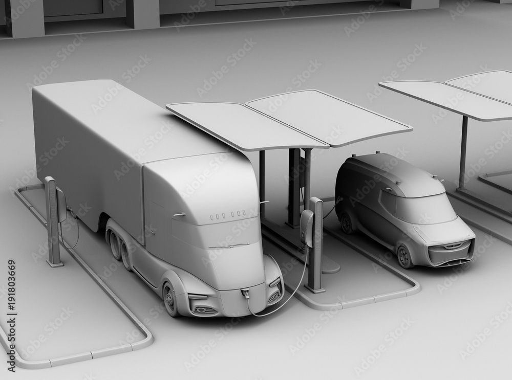 Poster clay model rendering of electric truck and minivan charging at charging station. 3d rendering image.