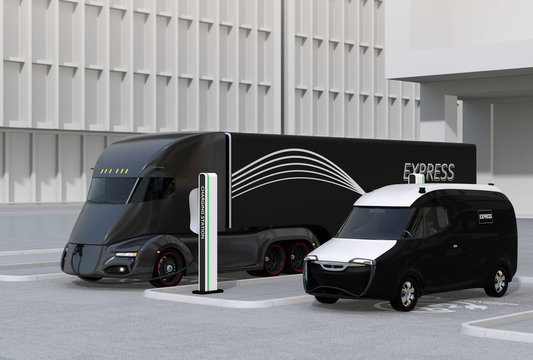 Electric truck and van charging at charging station. 3D rendering image.