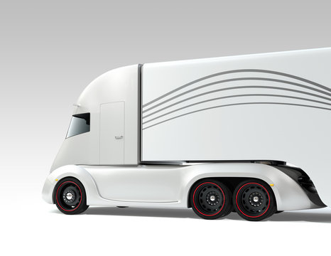 Rear view of silver self-driving electric semi truck isolated on white background. 3D rendering image.