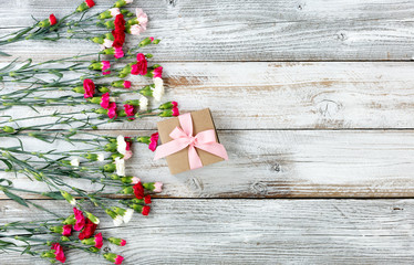Fototapeta na wymiar Colorful carnation flowers and gift forming left border on white weathered wooden boards