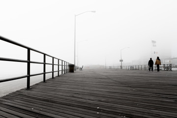 Howard Beach boardwalk and thick morning fog