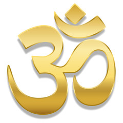 Golden Aum or Om symbol. Spiritual healing symbol of hinduism and buddhism - isolated vector illustration on white background. - obrazy, fototapety, plakaty