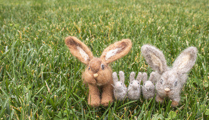 Family of Felted Rabbits or Bunnies on Grass Lawn