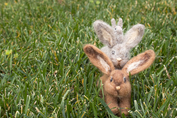 Three Felted Rabbits or Bunnies on Right Side of Grass