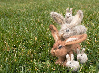 Felted Family of Rabbits or Bunnies in Green Grass