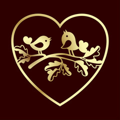 Couple of doves on an oak branch inside the heart. Laser cutting template for greeting cards, envelopes, wedding invitations, decorative interior elements.