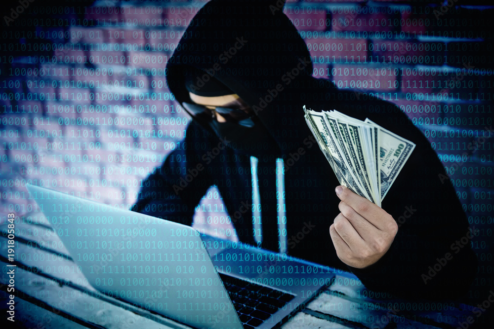 Poster computer hacker trying to accessing information privacy of the companies and showing money income fr