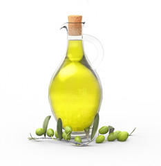 bottle of oil and olives on white isolated