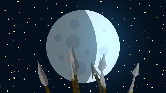 Primitive Tribe Waving Spears at the Moon