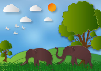 Paper art style of Landscape with elephant and tree In nature save the world and ecology idea abstract background, vector illustration