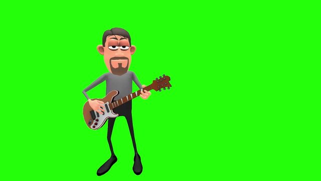 Animated male musician cartoon character plays lead electric guitar in looping pattern then strums strings in unique sequence multiple times in front of green screen background