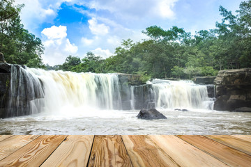 Tat-Tone Waterfall in Thailand with wooden space.