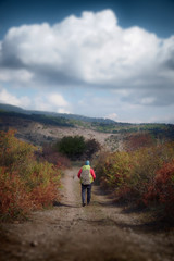 Obraz premium Man With Backpack Walking In Lanscape Of Nebrodi Park, Sicily