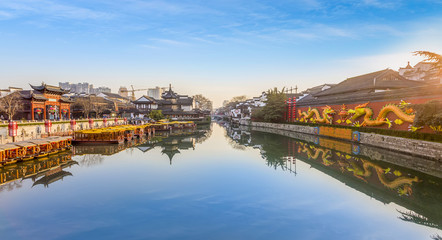 Fototapeta na wymiar Ancient architectural landscape on the Qinhuai River in Nanjing