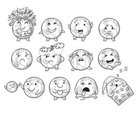 Earth planet globe with emotions. Cute vector set