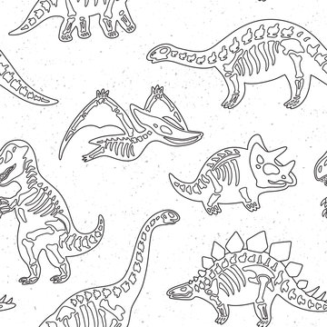 Cute cartoon dinosaur skeletons silhouettes seamless pattern in outline. Vector illustration