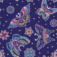 Vintage style traditional tattoo flash butterflies and flowers seamless pattern