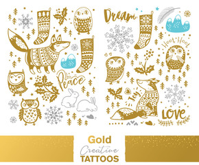 Fototapeta premium Metallic temporary tattoos. Gold, silver and blue cute hand drawn set withcartoon, owls, foxes and christmas elements