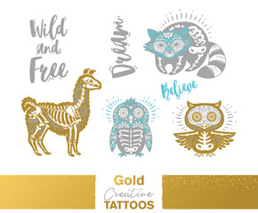 Metallic temporary tattoos. Gold, silver sugar skull hand drawn set