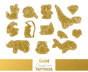 Metallic temporary tattoos. Gold origami geometric hand drawn set