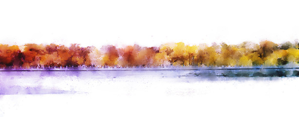 Abstract painting of colorful forest with yellow leaves in autumn