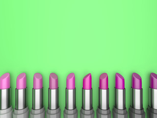 3d illustration set of lipstick with rose-colored hues on a green background.