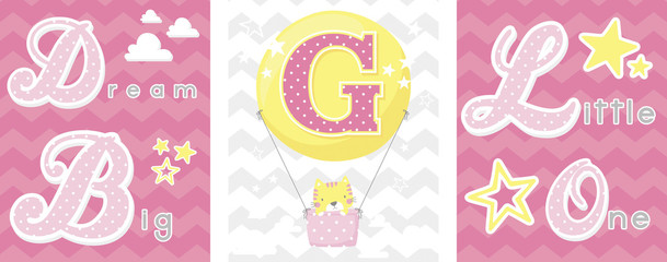 posters set of dream big little one slogan with baby cat and balloon with initial g. can be used for nursery art decor, newborn baby decoration and baby shower