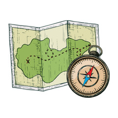 Map and compass for camping tourism, cartoon sketch illustration of travel equipment. Vector