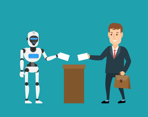businessman and robot android voting at ballot box