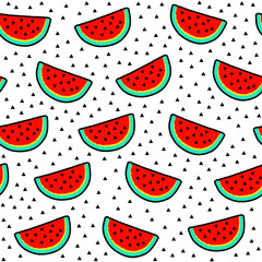 Seamless pattern of watermelon slices with seeds on white background. 
