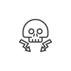 High voltage death skull with lightning beam line icon, outline vector sign, linear style pictogram isolated on white. Danger electricity symbol, logo illustration. Editable stroke