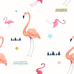 Abstract seamless pattern with flamingo. Summer tropical design. Hand drawn vector illustration