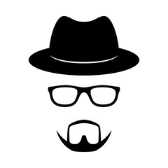 Incognito icon. Man face with glasses, beard and hat. Photo props. Vector