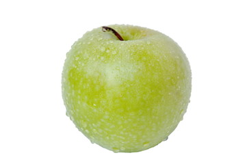 green apple with water drop on white background