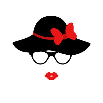Retro lady in the black elegant hat with bow. Woman face. Boutique concept. Vector