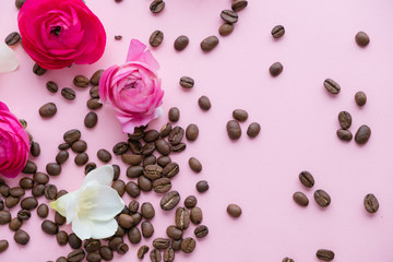 coffee concept flat lay top view of coffee and note book , flower on pastel color background