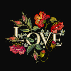 Embroidery poppies flowers t-shirt design. Love slogan. Template for clothes, textiles, t-shirt design