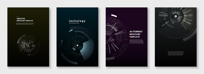 Minimal brochure templates. Circle elements on dark background. Technology sci-fi concept, abstract vector design. Templates for flyer, leaflet, brochure, report, presentation, advertising