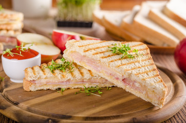 Panini cheese ham toast, fresh apple sandwitch