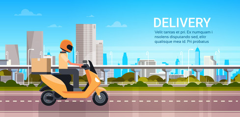 Naklejka na ściany i meble Delivery Service, Man Courier Riding Scooter Or Motorcycle With Parcel Over Modern City Landscape Flat Vector Illustration