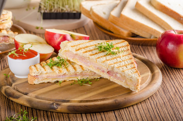 Panini cheese ham toast, fresh apple sandwitch