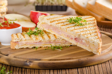 Panini cheese ham toast, fresh apple sandwitch