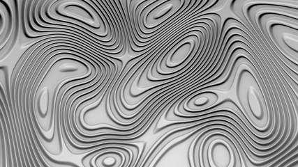 Stylish white colored background with flowing lines. Abstract topographic map contour background. Black stripe pattern background. Smoothly illuminated plastic texture, 3d render illustration.