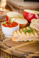 Panini cheese ham toast, fresh apple sandwitch