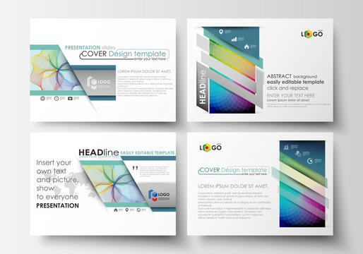 Set of business templates for presentation slides. Easy editable layouts in flat style, vector illustration. Colorful design background with abstract shapes and waves, overlap effect.