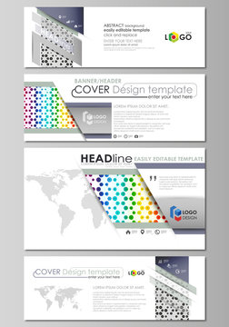 Social media and email headers set, modern banners. Abstract business templates, vector layouts in popular sizes. Chemistry pattern, hexagonal design molecule structure. Geometric colorful background.