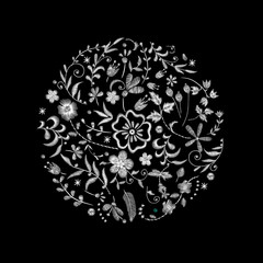 set of  lace. Traditional folk flower fashionable embroidery on the black background. A bouquet of roses and a dog rose, for printing on clothes, vector