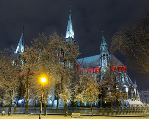 Church of Sts. Olha and Elizabeth in night winter Lviv city, Ukraine