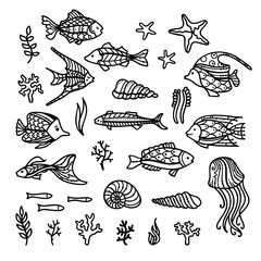 Naklejka premium Vector doodles underwater icons set.