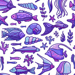 Vector seamless violet underwater sea pattern.